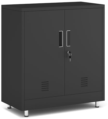 JINGUR Aktenschrank Büroschrank Lagerschrank Metallschrank Stahlschrank, Abschließbar Mehrzweckschrank Kleiner Schrank Buffetschrank Flurschrank (Schwarz)