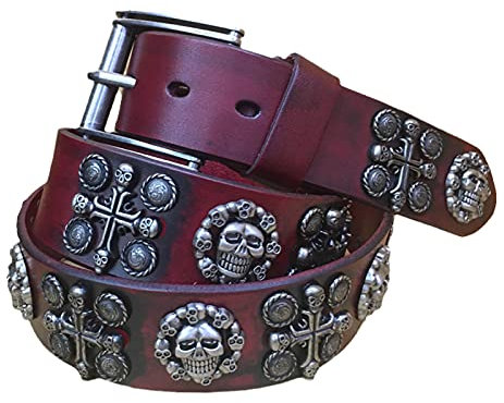 DFGGE Herren Totenkopf Nietengürtel im Punk Hip Hop Kugeln Stollen Gürtel In Einer Auswahl Von Größen Unisex Ledergürtel 105cm-125cm Länge,Rot,125cm/waist:42~44