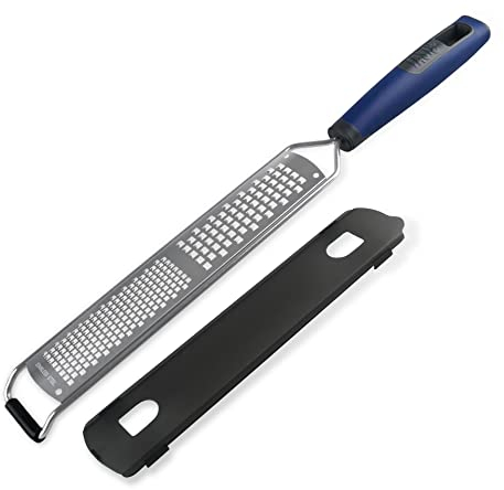 Tasty Everyday Hand Grater with Fine & Coarse Surface, Hand Cheese Grater & Lemon Zester with Non-Slip Base & Stainless Steel Grating Surfaces, Colours: Dark Blue, Grey & Stainless Steel