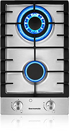 ThermoMate GHSS302 Gas Hob 2 Burners, Built-in Stainless Steel Gas Cooktop, Cooker with Flame Failure Protection and Cast Iron Pan Supports, 5200W
