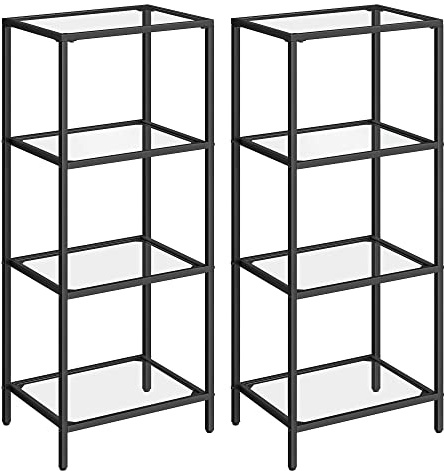 VASAGLE Hylla med 4 hyllor, 2 st, badrumshylla, härdat glas, enkel montering, för badrum, vardagsrum, kök, kontor, svart LGT028B01