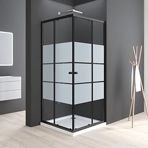 Duschkabine Schiebetür, Duschkabine 90x90x185cm Schwarz Eckeinstieg 5mm ESG Milchglas Streifen Duschabtrennung Eckdusche Eck-Duschkabine Drehtür Duschwand