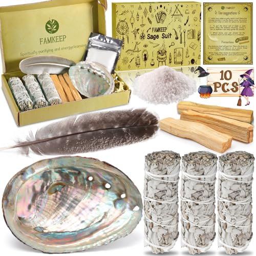 FAMKEEP Räucherset,Salbei Räuchern,Weißer Salbeis Zum Räuchern 3 Bündel,3 Wurzeln Palo Santo,Abalone-Muschel, Salbei Räuchern zur Energetischen Reinigung,Beseitigt Negative Energien