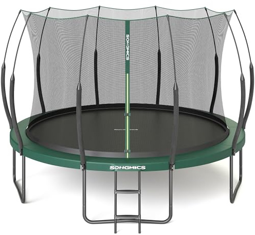 SONGMICS Federloses Trampolin Ø 366 cm, Trampolin Outdoor für Kinder, elastische Seile, Sicherheitsnetz mit Reißverschluss, Glasfaserstangen, sicher, geräuscharm, dschungelgrün STR126C01
