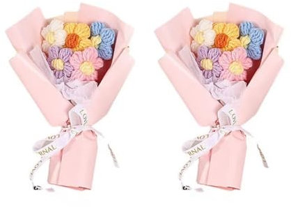 2 Stück Gehäkelte Blumensträuße,Handgefertigte Gestrickte Künstliche Blumen Puff Blumenstrauß Geschenk für Valentinstag Geburtstag Hochzeit Weihnachten Erntedankfest