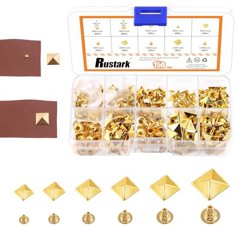 Rustark 150 Sets 6 Größen Gold Pyramidennieten Spitzenieten Pyramide Punk Spike Nieten Set Pyramide Rapid Nieten Studs Set für DIY Leder Handwerk Dekorationen 6mm 7mm 8mm 9mm 10mm 12mm