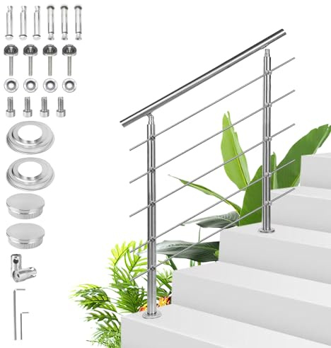 Sonnewelt Barandilla de acero inoxidable, 180cm, 5 travesaños para interior y exterior, barandilla de entrada para balcón, escalera y parapeto