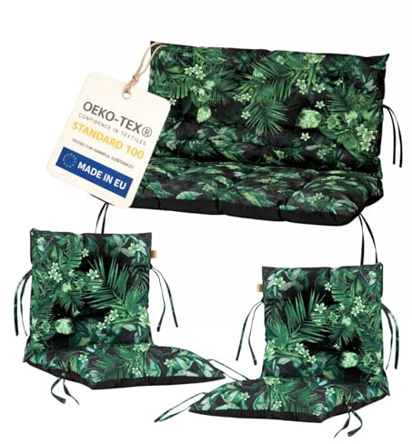 Bielik Gartenkissen Set 3-teilig, Gartenmöbel Polster Set für Rattanmöbel, Bankauflage + 2 Stuhlkissen, Sitzpolster Gartensofa und Gartenstuhl, wasserabweisend Outdoor (grüne Blätter)