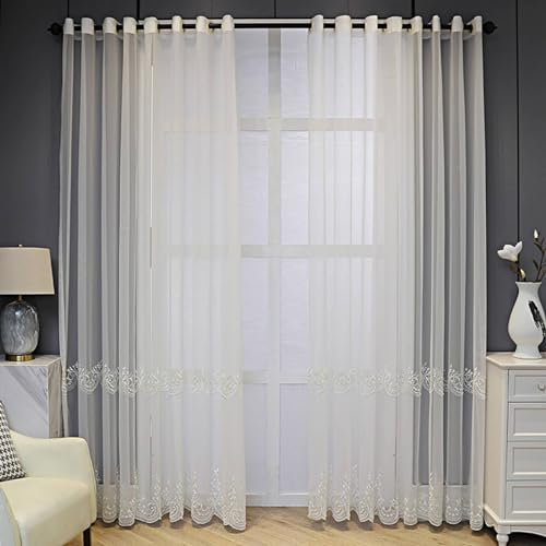 Beydodo Gardinenschals 2er Set mit Schlaufen 107x138CM, Vorhänge Halbtransparent Jacquard mit Perlen Gardinen Polyester Weiß Lichtdurchlässig Schiebevorhänge Wohnzimmer Schlafzimmer