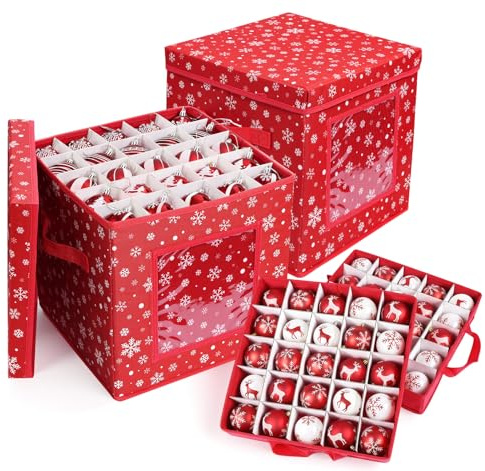 adorbox 2er Set Weihnachtskugeln Aufbewahrung, 166 Fächer Aufbewahrungsbox für Weihnachtskugeln mit Verstellbaren Trennwänden, Deckel und Griffen, für Weihnachtsschmuck, 31x31x30cm, Rot