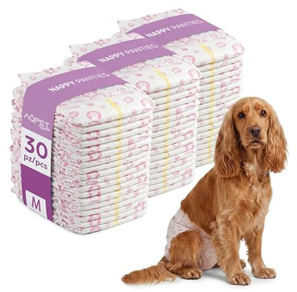 Aqpet Pañales higiénicos Bragas absorbentes para Perros Hembras para Ciclo de incontinencia con Cierre Adhesivo Ajustable, antiolores, Desechables, Talla M, 425 x 300 mm, Paquete de 30 Unidades