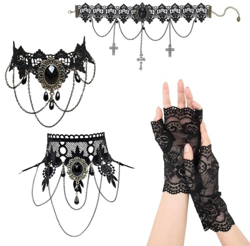 AORVYUI 3 Stück Gothic Halskette,Schwarz Spitze Kette,gothic schmuck,Choker Lolita Kostüm Zubehör,Vintage Halsband Victorian Schmuck,Gothic Halloween Karneval Maskerade mit 1 paar Spitzenhandschuhe