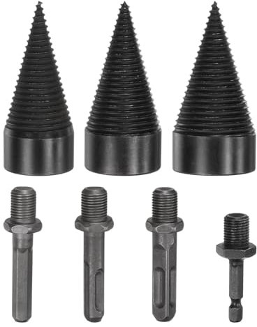 M METERXITY 3-Pack Wood Splitter Drill Bit 38mm + 42mm + 45mm + 4 Handles (Square + Round + Hex Shank + Small Hex) Firewood Log Splitter Drill Bit for Family/Outdoor/Stove/Farm [Black+Grey]