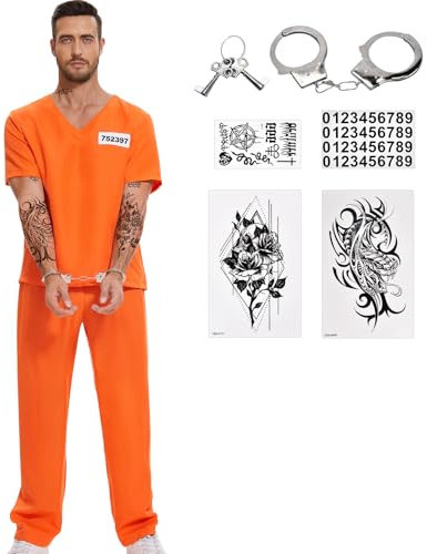 JONRRYIN Sträfling Kostüm Herren, Gefangener Kostüm Orange, Häftling Kostüm Herren mit Handschellen, Prisoner Costume Herren Damen für Cosplay Karneval (S)