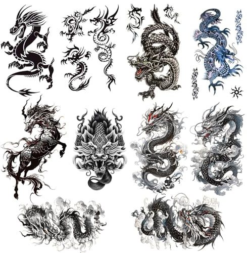 SSyang 10 Feuilles Tatouage Temporaire, Tatouage Ephemere Forme de Dragon, Faux Tatouages pour Adultes, Tatouage Preuve de l'eau, Tatouages Temporaires Autocollants Réalistes, pour Hommes et Femmes