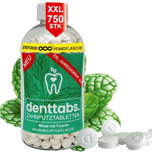 Denttabs tandborste tabletter XXXL årlig leverans 750 stycken i en insättningsflaska. Mynta med fluorid. Karieskydd utan konserveringsmedel. Det kompletta alternativet till konventionell tandkräm