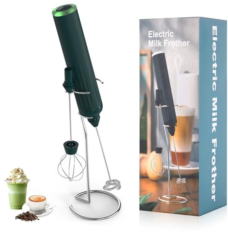 Lychico Espumador de leche recargable de mano con batidor y soporte de acero inoxidable, potente 2 cabezales, 3 velocidades, mezclador de bebidas de mano rápido para latte, capuchino, chocolate