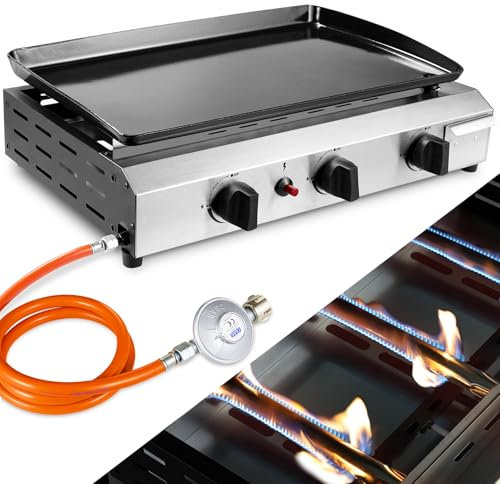 LIFERUN Gas Plancha Grillplatte, Kompakt Tischgasgrill, Gasgrill Edelstahl, Keramische Lackbeschichtung Grillfläche, Tragbarer Balkon Camping Picknick BBQ Grill (Butan/Propan) (7,2 KW (25000 BTU))