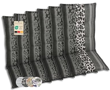 GO-DE Textil Bequeme und attraktive Polsterauflagen für Hochlehner-Gartenstühle (6er-Set, Leopard anthrazit, Hochlehner)