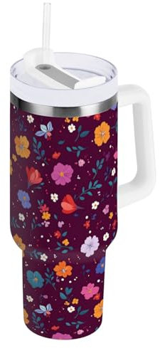 FRODOTGV Vaso aislado al vacío de flores coloridas borgoña con tapa y popote, botella de agua grande de 40 onzas, taza de viaje de boca ancha con asa para senderismo, deportes, campamento