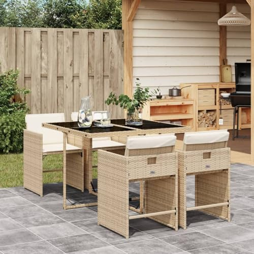 IKAYAA Rattan Gartenmöbel Essgruppe für 4 Personen, Garten Sitzgruppe, Gartengarnitur, Sitzgarnitur, Essgruppe, Terrassenmöbel Set, Gartentisch mit 4 Stühle & Kissen Beige und Creme Type-2
