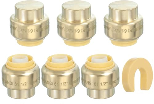 PATIKIL 6 Pcs End Cap Stop Valve 1/2 Compression Water Shut Off Valve with 1/2 Disconnect Clip for Faucet Toilet Pex Copper Cpvc Pipe Brass, Gold