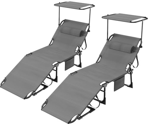 2er Set Sonnenliege Extra Breit 195x69x29, Liegestuhl Leicht mit Dach-Kopfkissen-Seitentasche, Verstellbarer Rückenlehne, Strandliege Tragbar für Strand-Pool, Gartenliege Hochwertige Stoffe, Schwarz