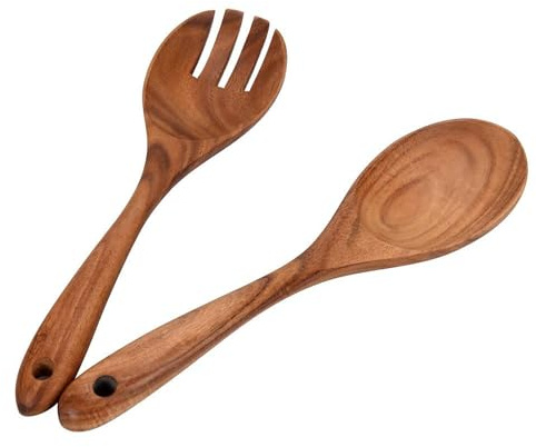 GmwyCzV 2 Pièces Couverts de Salade en Bois, 26cm Serveurs à Salade en Bois d'Acacia, Portable Fait Wooden Main Cuillères Fourchette à Salades, pour Salades, Pâtes, Fruits
