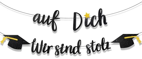 Abschluss-Deko - 'Wir sind stolz auf Dich' Glitzer Girlande Banner mit Abschlusshut-Motiv - Abitur, Bachelor & Master Partydekoration für bestandene Prüfung - Festliche Abschlussfeier Deko