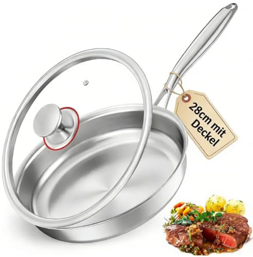 BugyKido Edelstahl Bratpfanne 28 cm unbeschichtet - Mehrschichtiger Verbundtopfboden für induktion, ohne PTFE/PFOA - Spülmaschinenfest, backofenfest mit Deckel - Für alle Herdarten geeignet