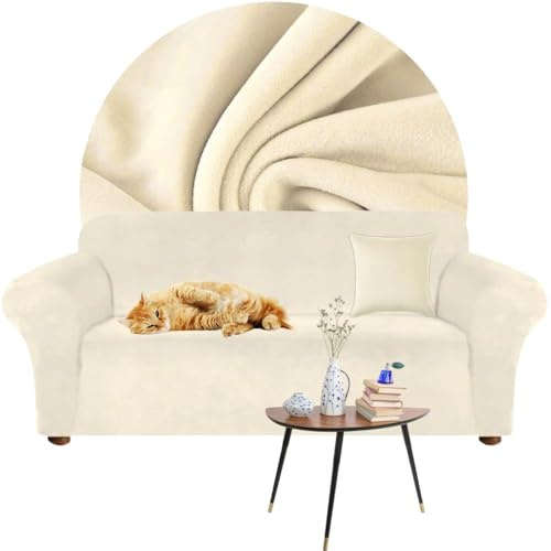 Domidekor - Sofa Überzug Cremefarben - Couch und Sofabezug 4 Sitzer - Sofaüberwurf für Wohnzimmer - Sesselbezug Stretch - Elastische Samt Couchbezug - Breite 235-300cm - Oeko-Tex 100
