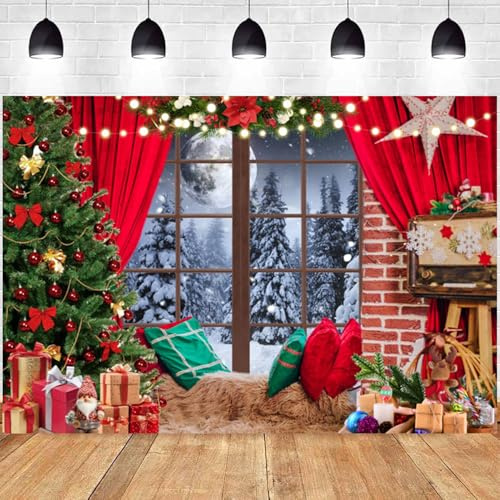 Hnmdmyi 2.1x1.5m Toile de Fond Noël Fenêtre Rideau Rouge Arbre Cadeaux Forêt Scène de Neige Fond Photographique Famille Enfants Hiver Vacances Noël Décoration Bannière Photo Booth Props