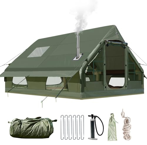 Yang Xin Großes Aufblasbares Campingzelt für 2-10 Personen, 6.3㎡/8㎡/12㎡ Outdoor Zelt mit Luftpumpe & Kaminöffnung & Dachfenster, 420D Oxford Wasserdicht 3000mm&UV50+ für 4 Jahreszeiten, 5 min Aufbau