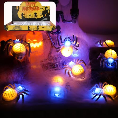 12 Pièces Araignée Lumineuse Halloween Decoration Interieur Exterieur,Araignee Lanterne Déco Halloween Extérieur Alimenté Batterie,Araignée Bougie Chauffe Plat LED Deco Table Jardin