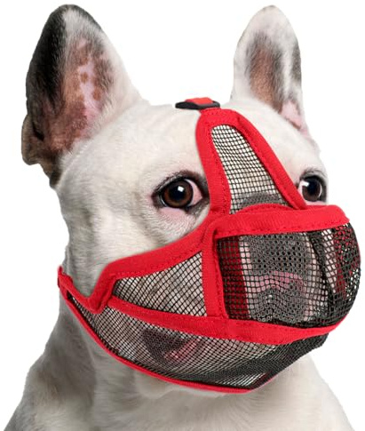 Maulkorb Hunde mit Kurzer Schnauze für Französische Bulldogge und Pitbulls, Abgeflachter Schnauze Hunde Maulkorb für Shih Tzu und Mops, Anti Beißen Kauen Bellen, ermöglichen Atmen und Trinken (Rot,S)