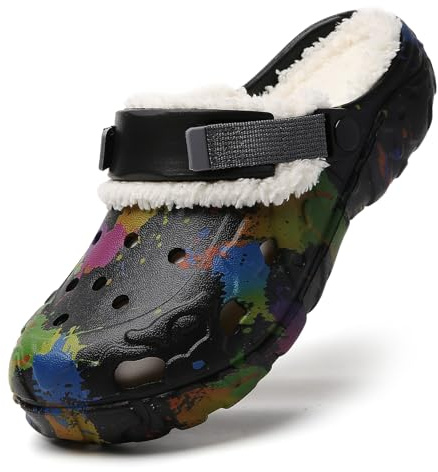 ELIOGN Winter Clogs Gefüttert - Herren Eva Clogs mit Farbspritzer-Design – Leichte rutschfeste Gartenschuhe mit Verstellbarem Riemen, Winter Slip-On Pantoffeln Gartenclogs Schwarz 39/40