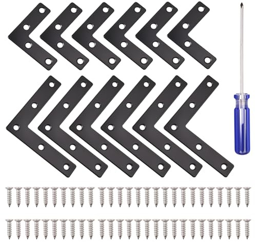 SPEEDWOX 12pcs L Bracket Flat Corner Brace Heavy Duty L Flat Shape Braces Corner Bracket Right Angle Iron Support Brackets with Screws for Furniture, Tables, Chairs, Cabinets, Doors & Windows Repair