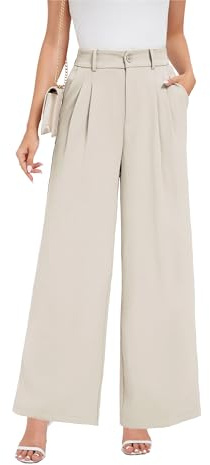 Oyamiki Anzughose Damen Beige mit Weitem Bein Office Sommerhosen Damen Elegante Plissee Hose Hohe Taille Stoffhose Beige S