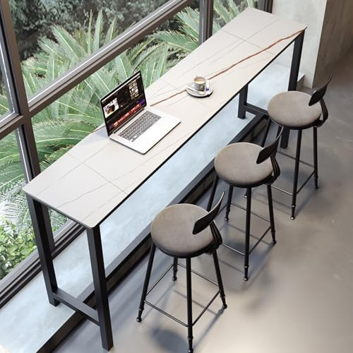 SEIFE Schmaler Tisch in Thekenhöhe aus Schiefer, rechteckiger Esstisch im Industriestil, hohe Küchenbar (ohne Hocker) für Küchen, Cafés, Restaurants, Balkone(White,180cm/70.8in)