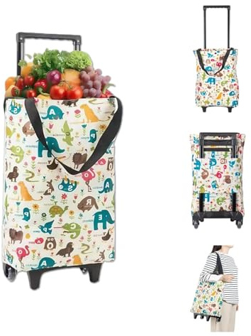 Chariot De Courses sur Roues - Sac Pliable Portable avec Roues - Chariot De Courses Mignon avec Sacs Réutilisables - pour Camping Extérieur Pêche Plage Magasin Marché Maison Stockage Coffre De