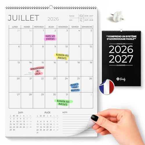 Finoly Calendario Pared 2026 Enero 2026 Junio 2027 (18 Meses) en Francés | Calendario Mensual 2026 A4 | Calendario Familiar Pared | Planificador Mensual | Almanaque Minimalista