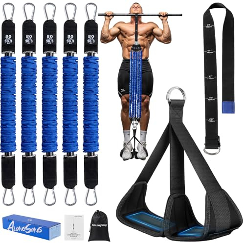 ALongSong Bandas de Resistencia para Dominadas con 5 Bandas, Rango de Bandas Elasticas de 80 a 400Lbs y Plataformas Ajustables para los Pies para Entrenamientos en el Gimnasio