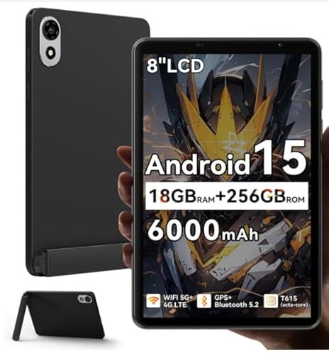 ZENO 1 Tablette de 8 pouces avec emplacement pour carte SIM, Tablette cellulaire de jeux Android 15 avec support amovible, 18 Go + 256 Go, Tablettes de avec double carte SIM 5G WiFi Affichage HD 90Hz
