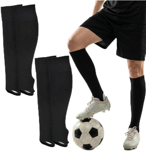 DOPENSPI 2 Paar Stutzen Kinder Fußball, Schwarz Fußballstutzen Stegstrümpfe | Fußball Sleeve Fußballsocken mit Steg für Jungen Mädchen Teenager