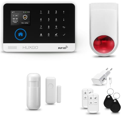 HUXGO® HXA003 Sistema di allarme casa senza fili con radio Sirena esterna WiFi + GSM | Impianto allarme casa kit con 1x sensori di allarme per finestre/portes, 1x rilevatori di movimento