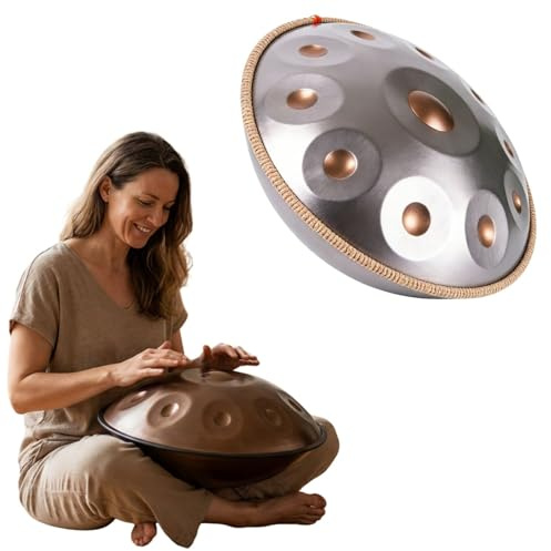 Handpan Klanginstrument für Achtsamkeit und Ruhe Handpan aus Stahl D Moll 22 Zoll mit 9 10 12 Tönen 432Hz 440Hz für Yoga Meditation Entspannungsmusik Erwachsene Anfänger(Silver2,432HZ/10 Note)