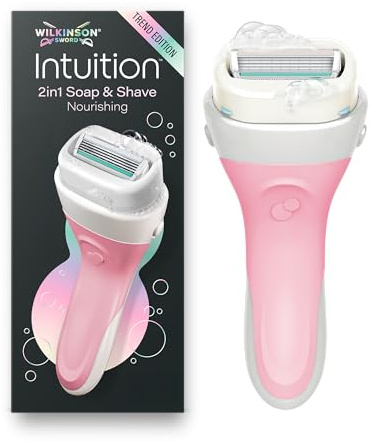 Wilkinson Sword Intuition - Rasoio nutriente 2 in 1 per sapone e rasatura da donna, edizione Trend, sapone vegano integrato, manico per rasoio da donna più 1 ricarica