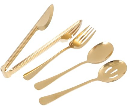 HYTROVE Pinzas de Alimentos de Acero Inoxidable Doradas 4 Piezas, Juego de Cubiertos para Servir Cuchara y Tenedor, Utensilios Prácticos para Cocina y Barbacoa en Hogar