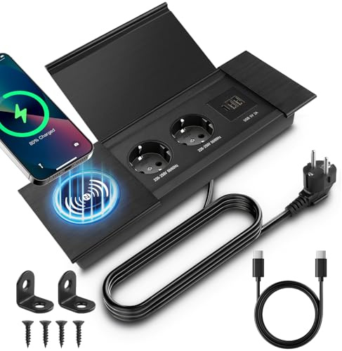 JTgugu Enchufe empotrable retráctil de 2 vías con USB-C PD y Tapa Negro | empotrado, regleta empotrable , enchufe de mesa para escritorio, cocina, oficina, mesa de sofá y mesa de conferencias