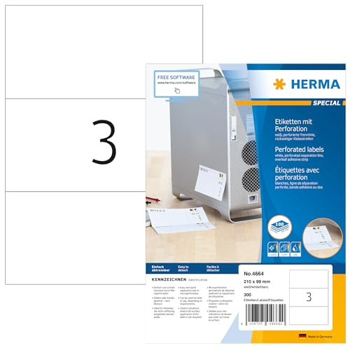 HERMA 4664 Etiketten perforiert, 100 Blatt, 210 x 99 mm, 3 pro A4 Bogen, 300 Stück, selbstklebend, bedruckbar, matt, blanko Papier Klebeetiketten Aufkleber mit perforierten Trennlinien, weiß